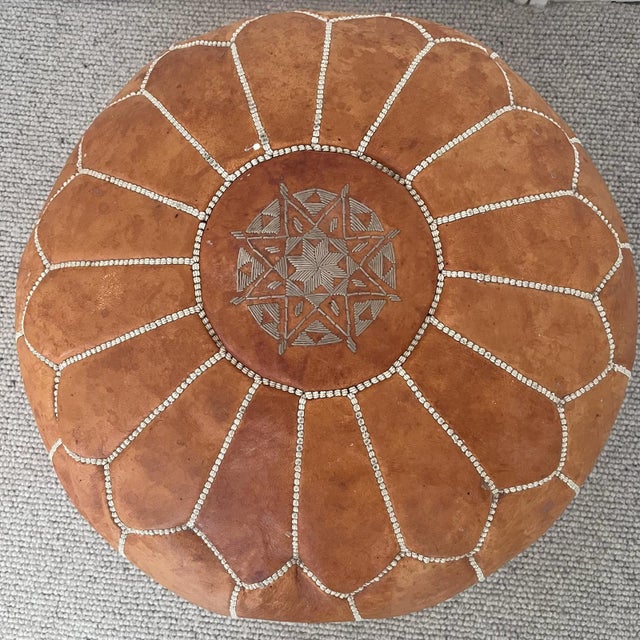 Vintage Light Tan Coloured Leather Pouf For Sale - Image 6 of 9