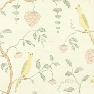 SAMPLE - Schumacher Wisteria Sisal Wallpaper In Teal & Soft Pink For Sale