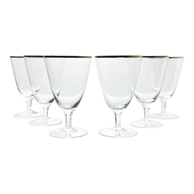1960s Vintage Mid-Century Modern Minimalist 6 Gold Rim Crystal Iced Tea Glasses - Set of 6 For Sale