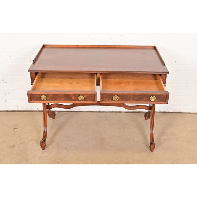 1980s Baker Furniture English Regency Burled Walnut Writing Desk or Console Table, Newly Refinished For Sale - Image 5 of 12