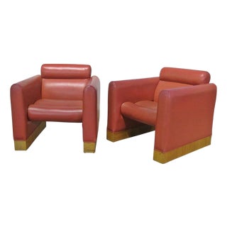 Pair of Karl Springer Style Red Faux Leather Club Chairs For Sale