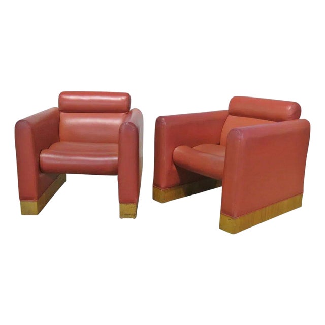 Pair of Karl Springer Style Red Faux Leather Club Chairs For Sale