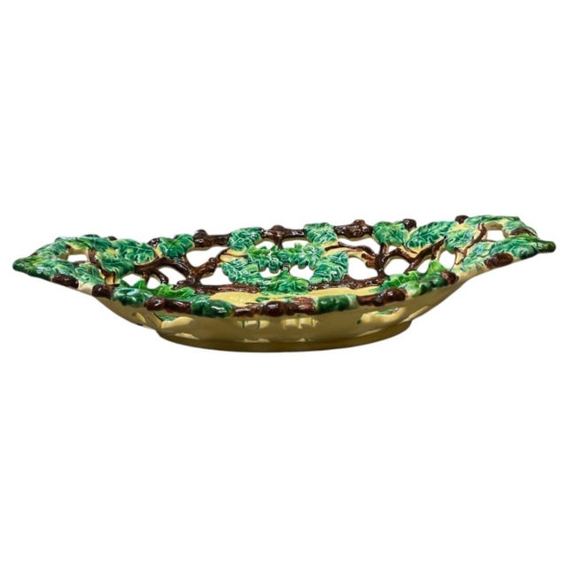 Hollywood Regency Vintage Majolica Oak Leaf and Acorn Reticulated Footed Centerpiece Bowl For Sale - Image 3 of 12