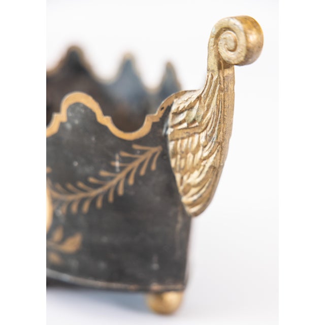 Black Antique Neoclassical French Tole Black and Gilt Cache Pot Jardiniere For Sale - Image 8 of 10