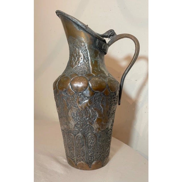 Figurative Large Antique 1800s Tooled Copper Middle Eastern Water Pitcher Metalware Pot Jug For Sale - Image 3 of 17
