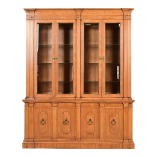 Thomasville Italian Neoclassical Carved Walnut Lighted Breakfront Bookcase Cabinet, Circa 1960s For Sale