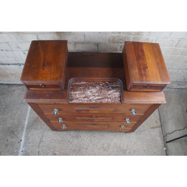 Late 19th Century Antique Victorian Carved Walnut Step Back Dresser Chest Marble Glove Box Drawers For Sale - Image 4 of 12