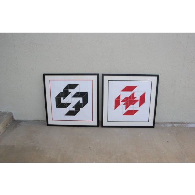 A vibrant pair of Pop Op Art lithographs or silkscreens signed illegibly and dated 1975. They are also titled and numbered...