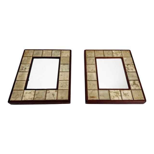 1960s Mid-Century Modern Berthold Muller Style Tile & Rosewood Wall Mirrors - A Pair For Sale