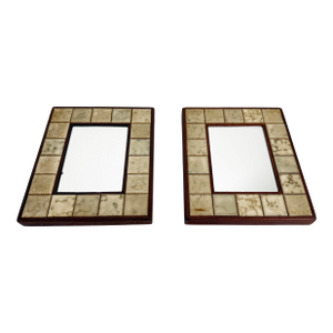 1960s Mid-Century Modern Berthold Muller Style Tile & Rosewood Wall Mirrors - A Pair
