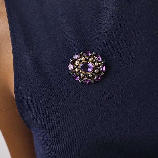 19th Century 19th Century Victorian Amethyst Pearl Diamond 18k Yellow Gold Silver Brooch Pendant For Sale - Image 5 of 6