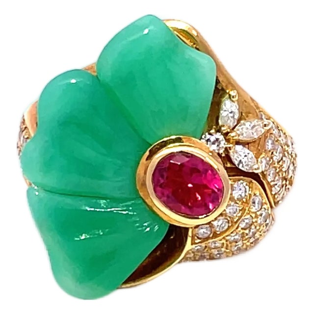 18k Yellow Gold Chalcedony, Ruby & Diamond size7.5 Fashion Ring For Sale