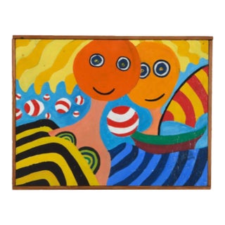 Vintage Mid Century Modernist Folk Art Painting | Framed Original Mid Century Modern Artwork, C. 1972 For Sale