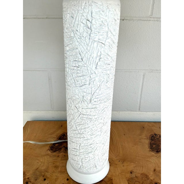 Stylish Made Goods Modern Textured Plaster Column Brantley Table Lamp, white fabric shade, showroom floor sample