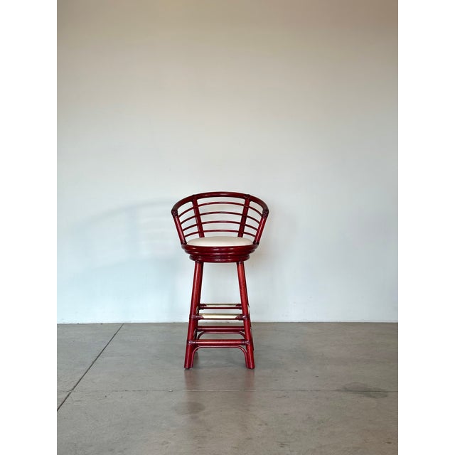 Mid-Century Modern Rattan, Wood and Bamboo Swivel Bar Stools, 1970s, Set of 2 For Sale - Image 3 of 18