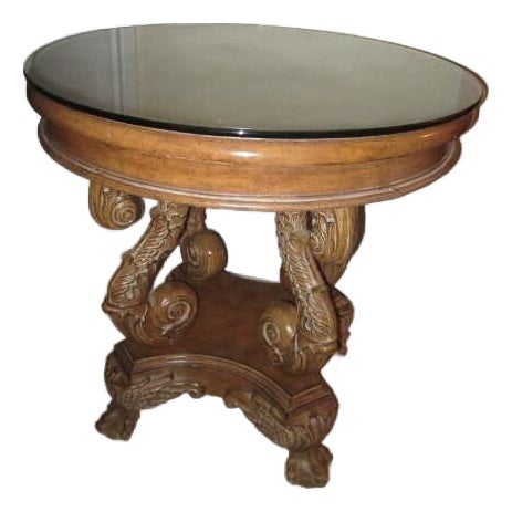 1970s Mondamin 29" Round Tall Solid Wood Pedestal End Table Glass Top Classic For Sale