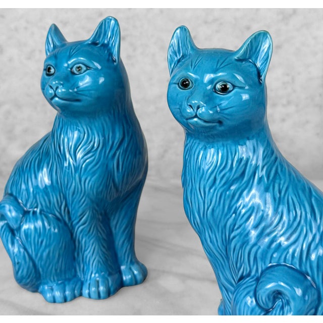Vintage Chinese Turquoise Blue Glazed Ceramic Mantle Cat Sculpture - A Pair For Sale - Image 9 of 10