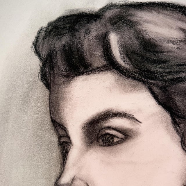 Black Black and White Charcoal Portrait Drawing of a Woman With Swept-Up Hair - Signed For Sale - Image 8 of 10