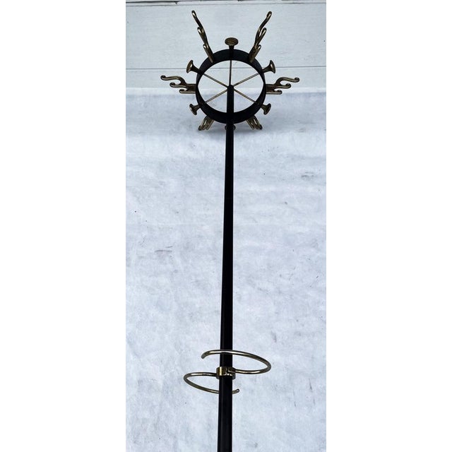 Mid-Century Modern Brass and Black Metal Coat Stand in the style of Jacques Adnet, 1950s For Sale - Image 9 of 18