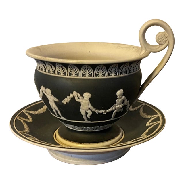 Large Antique Early 19th Century Black Jasperware Cabinet Cup & Saucer For Sale