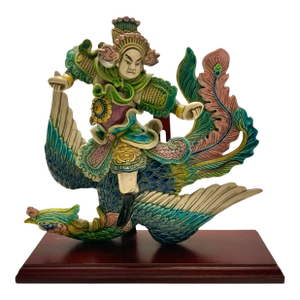 Late 20th Century Warrior Figure on Phoenix Bird Chinese Folk Art Oriental Roof Tile on Stand Vintage Asian Decor