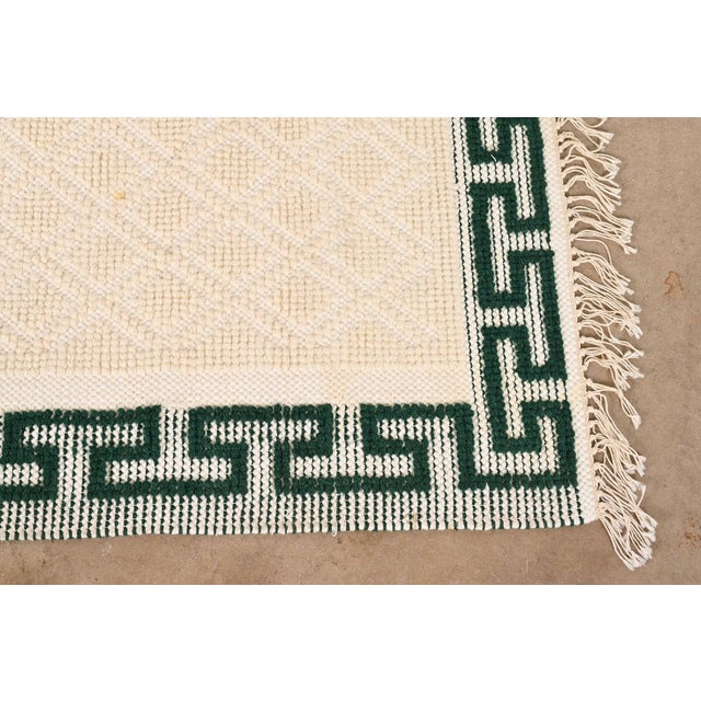 Vintage Handmade Cream and Green Greek Key Border Rug | Chairish