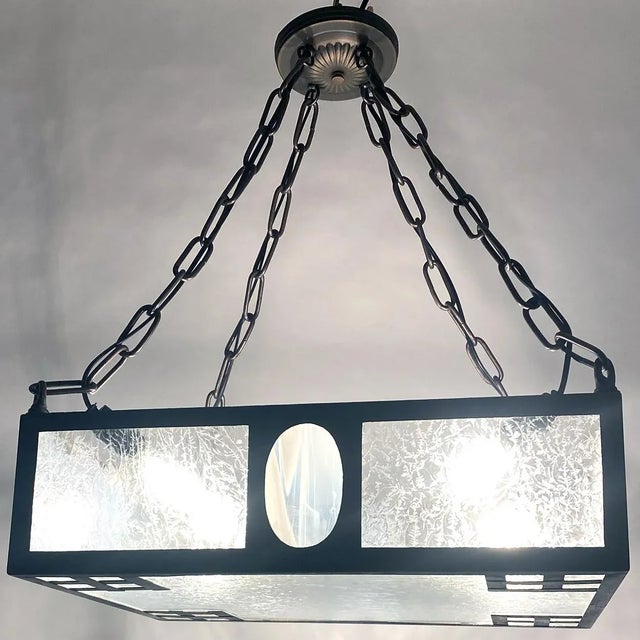 Black Swedish Iron, Bronze and Crackle Glass Four-Light Pendant Light For Sale - Image 8 of 11