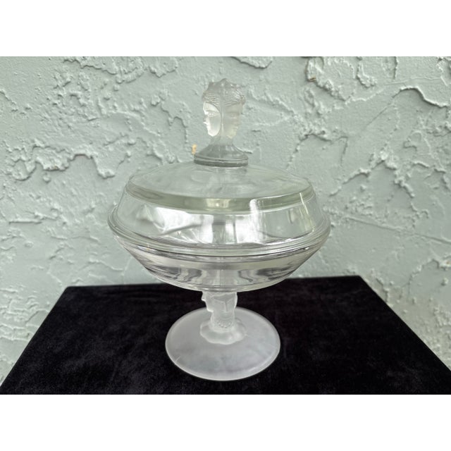 Vintage Duncan Miller Frosted Figural Faces Covered Compote Dish / Art Deco Satin Glass Candy Bowl For Sale In Orlando - Image 6 of 9