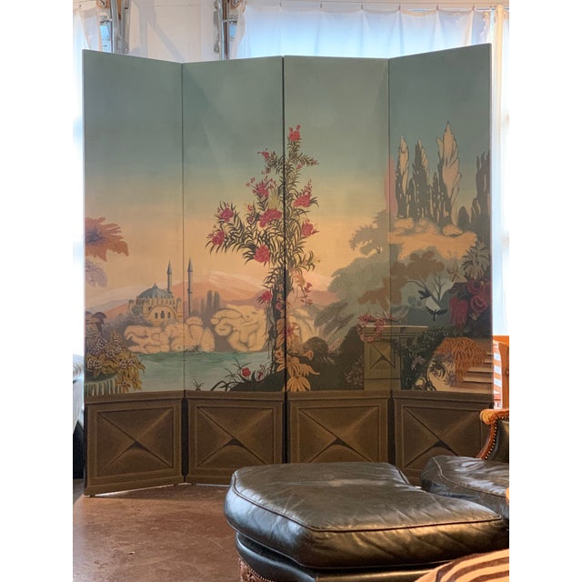 Vintage Maitland Smith Hand Painted 4 Panel Folding Screen | Chairish