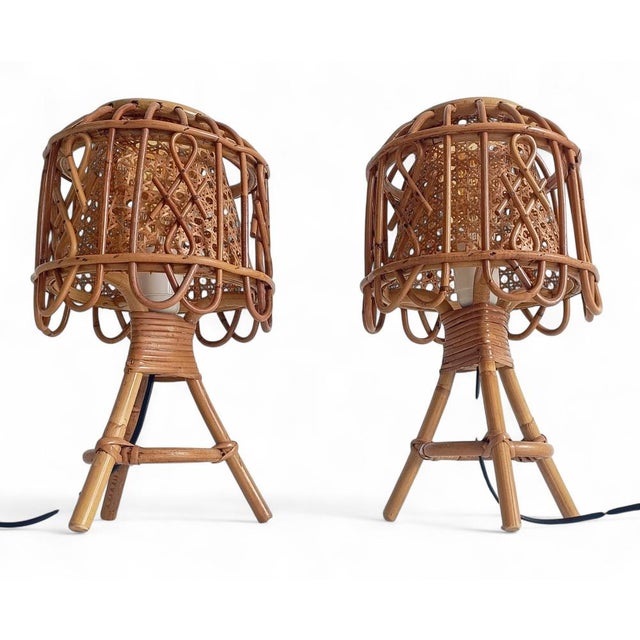 French Riviera Rattan and Cane Table Lamps by Franco Albini, 1960s, Set of 2 For Sale - Image 12 of 14