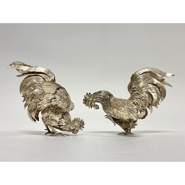 Traditional Pair Antique Silver Cockerel Rooster Figurines / Sculptures For Sale - Image 3 of 18