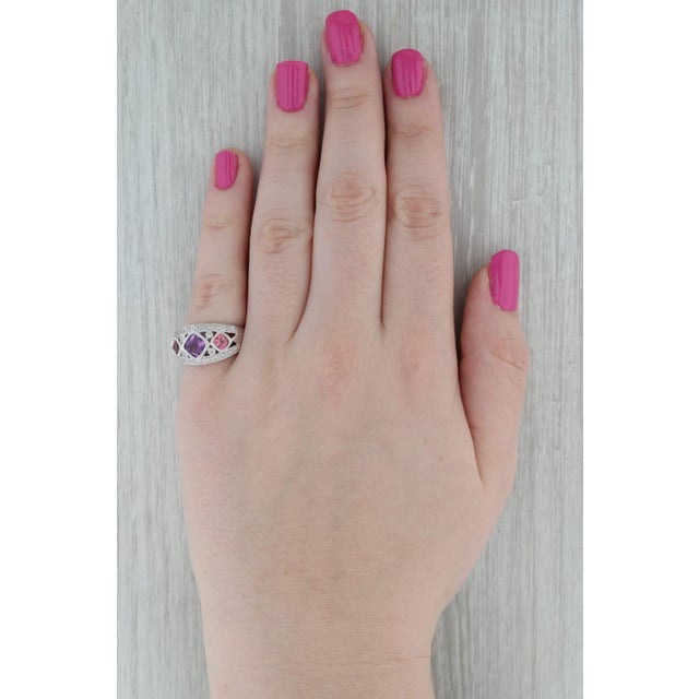 Purple 1.47ctw Tourmaline Amethyst Diamond Ring 14k White Gold Size 6.75 3-Stone For Sale - Image 8 of 8
