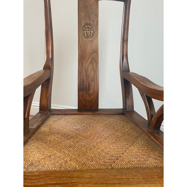 Chinoiserie Mid 20th Century Chinese Hardwood Yoke-Back Rocking Chair With Cane Seat For Sale - Image 3 of 6