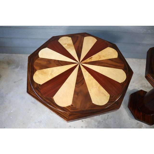 Vintage Art Deco Octagon Wood Inlay Pair of End Tables Rosewood Walnut Burl Side Walnut Regency Antique For Sale - Image 6 of 11