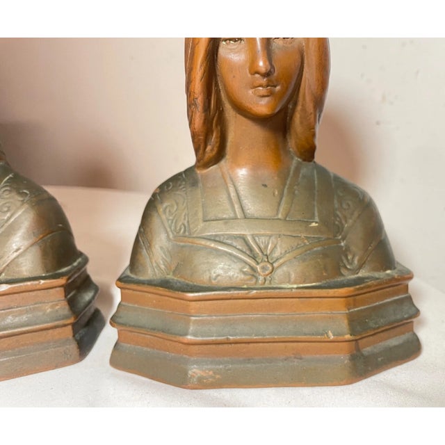19th Century Pair of 2 Antique 1800's Bronze Clad Lady Bust Statue Beatrice Bookends Set For Sale - Image 5 of 12