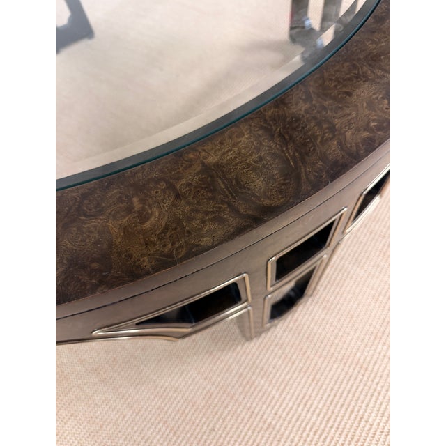 1970’s Ultra Rare Round Mastercraft Burled Glass Top Coffee Table With Intricate Recessed Brass Trim. For Sale In Cleveland - Image 6 of 12