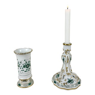 Vintage Porcelain Set Gilded Vase and Candlestick from Meissen, Germany, 1950, Set of 2 For Sale
