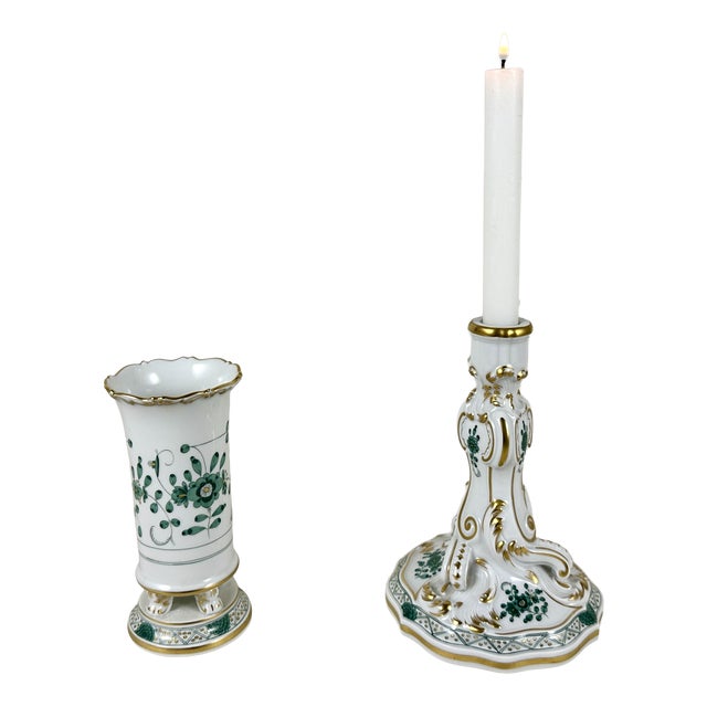 Vintage Porcelain Set Gilded Vase and Candlestick from Meissen, Germany, 1950, Set of 2 For Sale