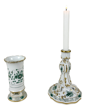 Vintage Porcelain Set Gilded Vase and Candlestick from Meissen, Germany, 1950, Set of 2
