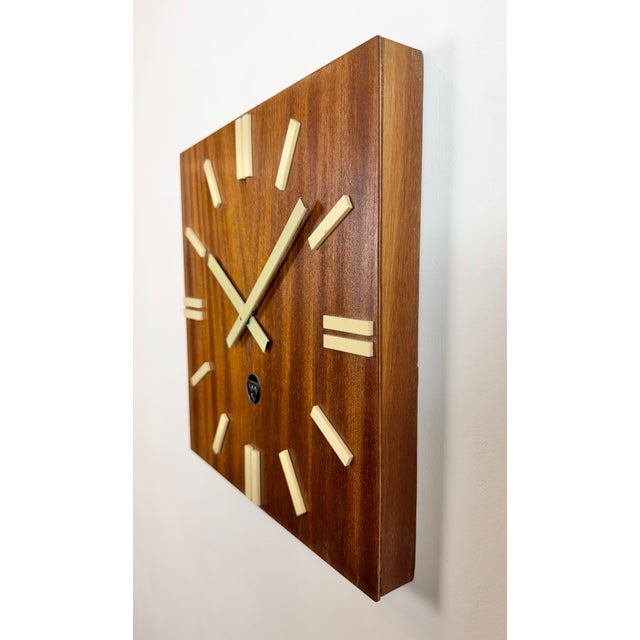 1980s Vintage Brown Wooden Wall Clock from Pragotron, 1980s For Sale - Image 5 of 16