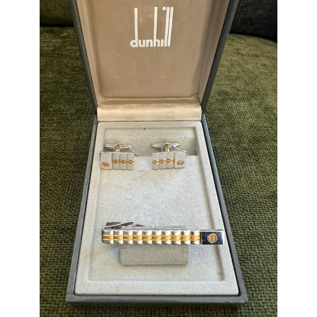 Rare Vintage Dunhill Cufflinks & Tie Clip Gold Plated, Steel With Original Case Retro, Chic, Art Deco, Classic Elegant...