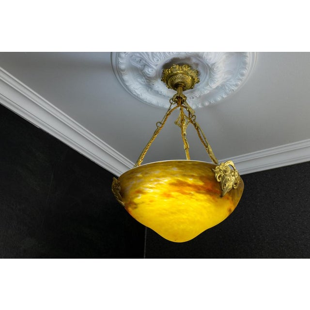 Metal French Art Nouveau Pâte de Verre Glass and Bronze Pendant Lamp from Muller Frères, 1920 For Sale - Image 7 of 18