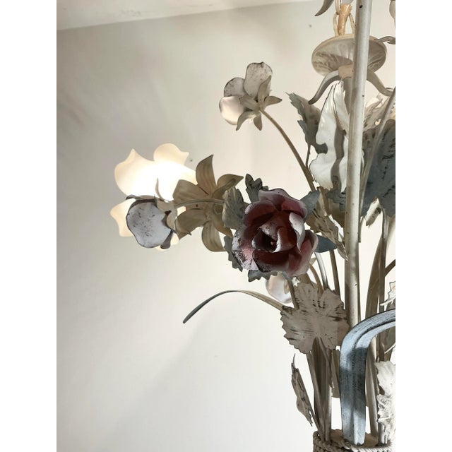 Vintage Italian Toleware Tole Style Floral Rose Chandelier With Glass Shades For Sale In Greenville, SC - Image 6 of 12