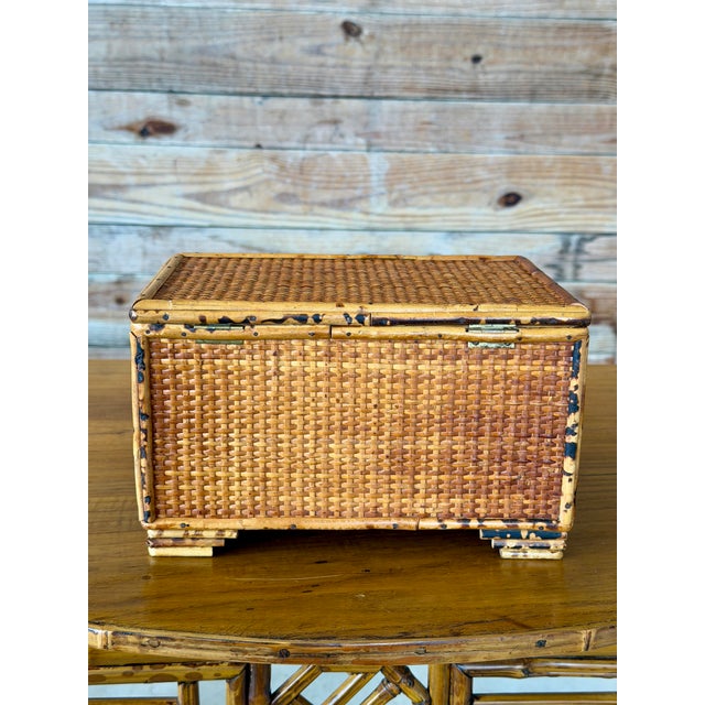 Coffee Vintage Tortoiseshell Bamboo & Woven Rattan Lidded Storage Box For Sale - Image 8 of 12