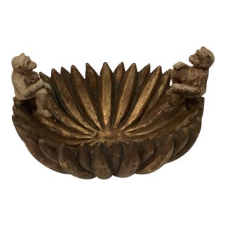 Late 20th Century Large Ceramic Gilt Banana Bowl With Carved Monkeys For Sale