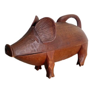 Vintage Hand Carved Wooden Pig Container/Tray For Sale