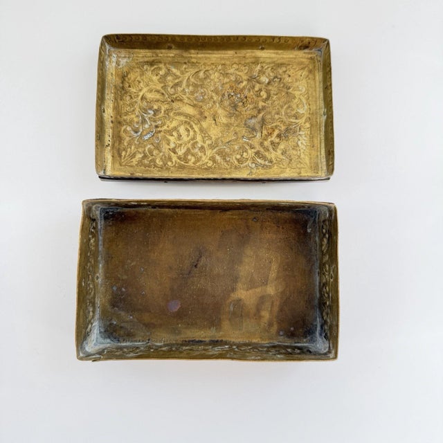Antique Art Nouveau Repousse Brass Lidded Box 5.25"x3.25"x2.5" Wolf Deer Trinket For Sale - Image 4 of 12