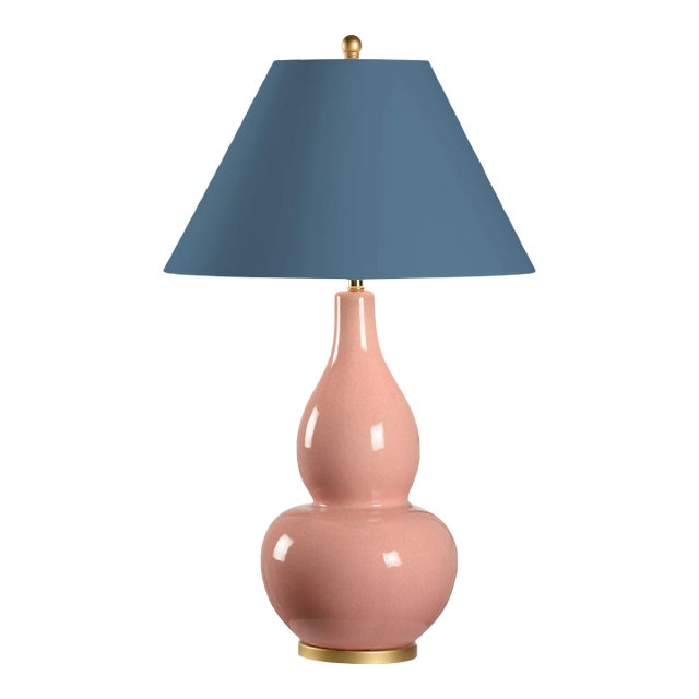 Casa Cosima Large Double Gourd Table Lamp, Light Pink Craquelure Base with Old Blue Jeans Lampshade For Sale