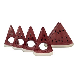 1980’s Trompe-l'Oeil Ceramic Watermelon Wedge Napkin Rings and Holder- Set of 5 For Sale