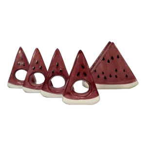 1980’s Trompe-l'Oeil Ceramic Watermelon Wedge Napkin Rings and Holder- Set of 5